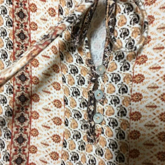 Rose Olive M Peasant Top Boho Ruffled Hem Ivory Rust Brown Stretch Knit Bust36.5 - Picture 7 of 13